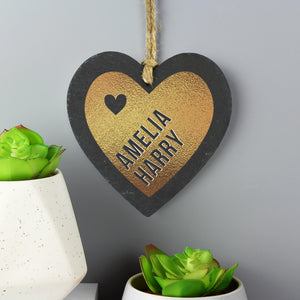 Personalised Couples Gold Printed Slate Heart Decoration-Poppy Stop-Poppy Stop