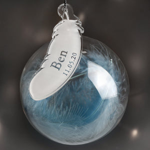 Personalised Name & Date Blue Feather Glass Bauble-Poppy Stop-Poppy Stop