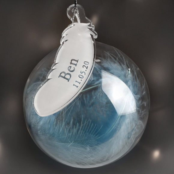 Personalised Name & Date Blue Feather Glass Bauble-Poppy Stop-Poppy Stop