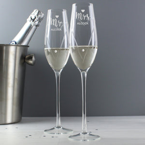 Personalised Hand Cut Mr & Mrs Pair of Flutes with Swarovski Elements in Gift Box-Poppy Stop-Poppy Stop