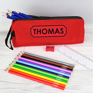 Red Pencil Case with Personalised Pencils