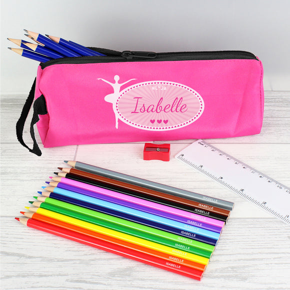 Pink Ballerina Pencil Case with Personalised Pencils
