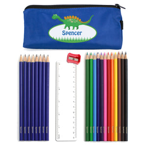 Personalised Blue Dinosaur Pencil Case with Personalised Pencils