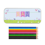 Personalised Garden Bunting Pencil Tin with Pencil Crayons